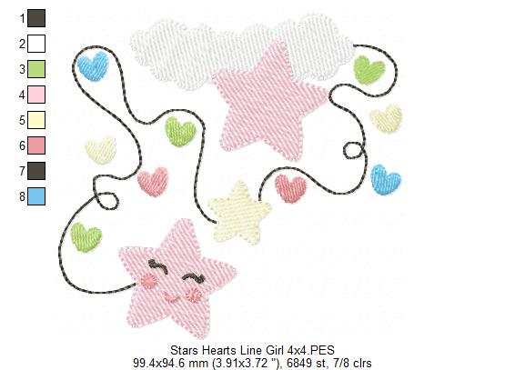 Cloud, Hearts and Stars Line Girl - Fill Stitch