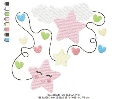 Cloud, Hearts and Stars Line Boy and Girl - Fill Stitch - Set of 2 designs