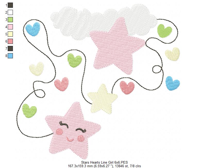 Cloud, Hearts and Stars Line Girl - Fill Stitch