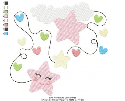 Cloud, Hearts and Stars Line Girl - Fill Stitch