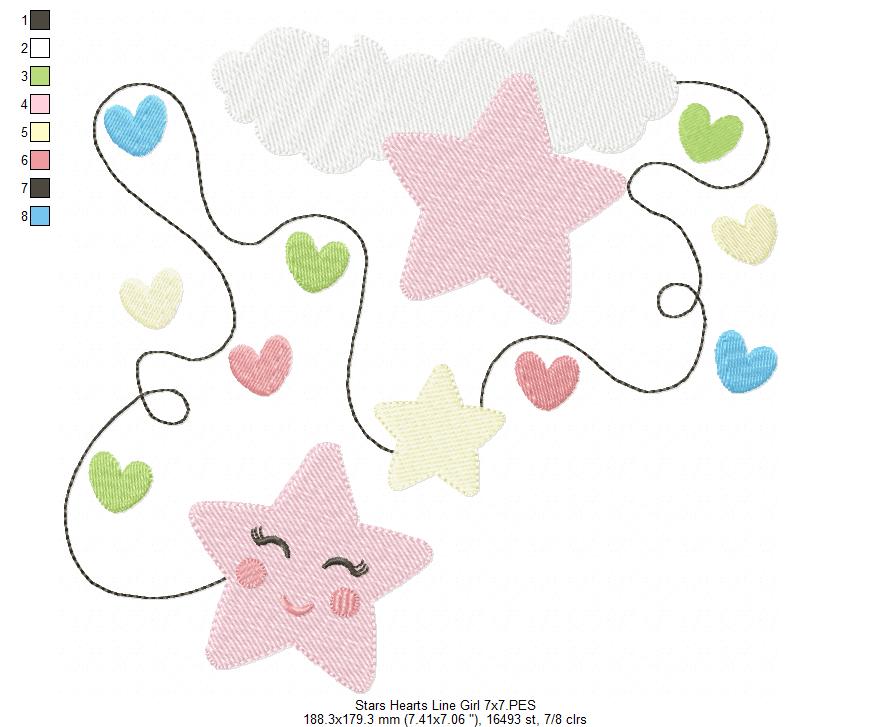 Cloud, Hearts and Stars Line Girl - Fill Stitch