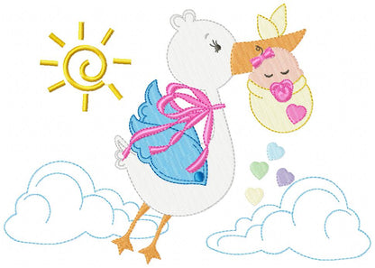 Sweet Baby Girl Stork Delivery - Fill Stitch – Machine Embroidery Design