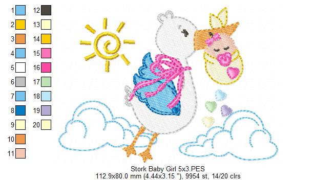 Sweet Baby Girl Stork Delivery - Fill Stitch – Machine Embroidery Design