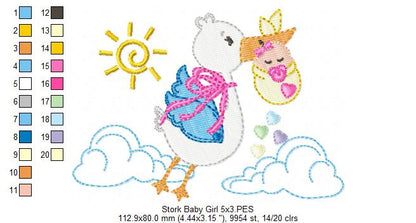 Sweet Baby Girl Stork Delivery - Fill Stitch – Machine Embroidery Design