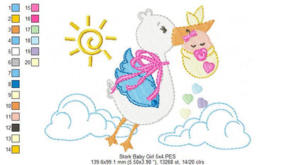 Sweet Baby Girl Stork Delivery - Fill Stitch – Machine Embroidery Design