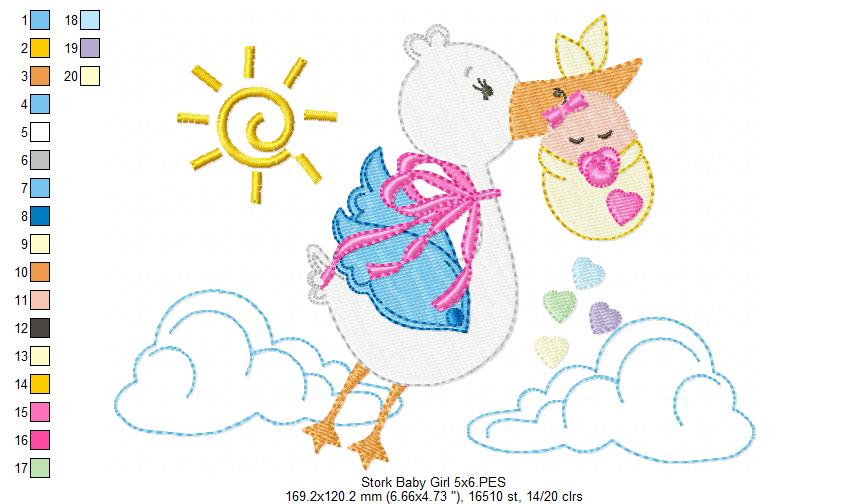 Sweet Baby Girl Stork Delivery - Fill Stitch – Machine Embroidery Design
