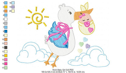 Sweet Baby Girl Stork Delivery - Fill Stitch – Machine Embroidery Design