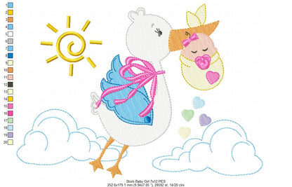 Sweet Baby Girl Stork Delivery - Fill Stitch – Machine Embroidery Design