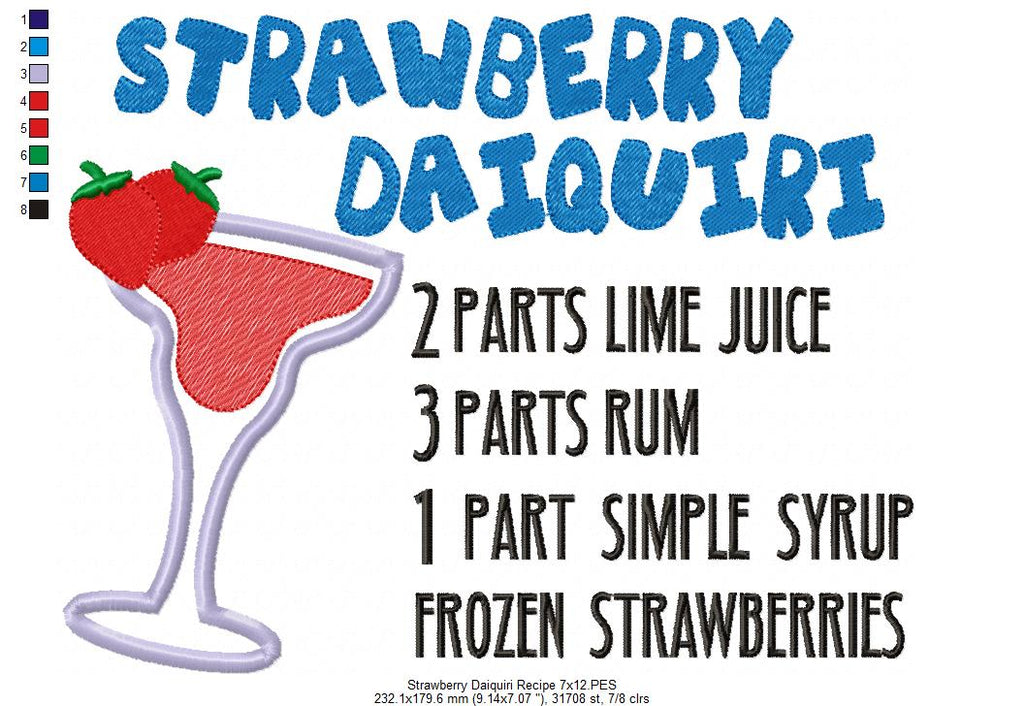 Strawberry Daiquiri Recipe - Applique - Machine Embroidery Design
