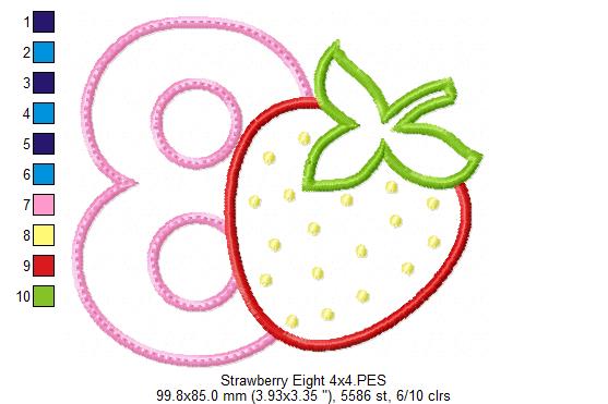 Strawberry Number 8 Eight 8th Birthday - Applique