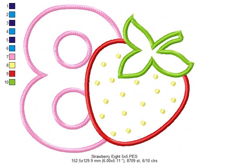 Strawberry Number 8 Eight 8th Birthday - Applique