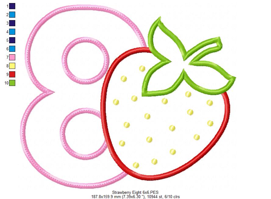 Strawberry Number 8 Eight 8th Birthday - Applique