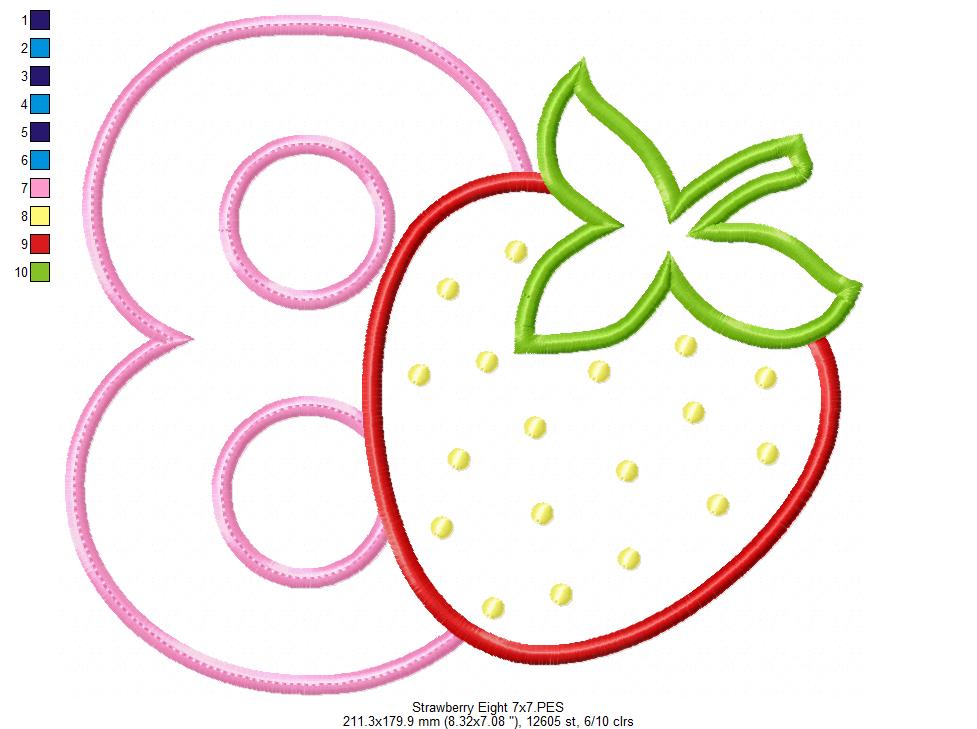 Strawberry Number 8 Eight 8th Birthday - Applique
