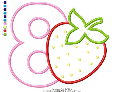 Strawberry Number 8 Eight 8th Birthday - Applique