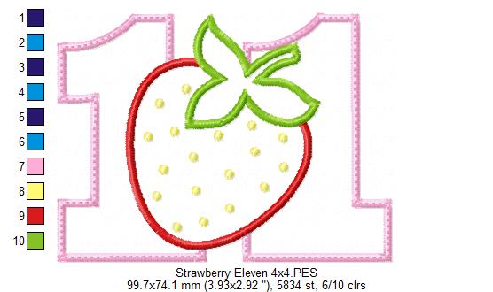 Strawberry Number Eleven 11 Elenth Birthday - Applique