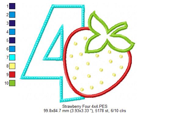 Strawberry Number 4 Four 4th birthday - Applique