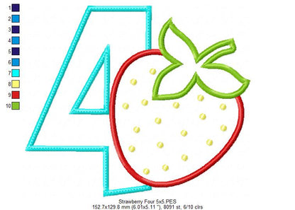 Strawberry Number 4 Four 4th birthday - Applique