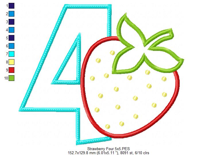 Strawberry Number 4 Four 4th birthday - Applique