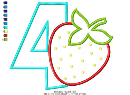 Strawberry Number 4 Four 4th birthday - Applique