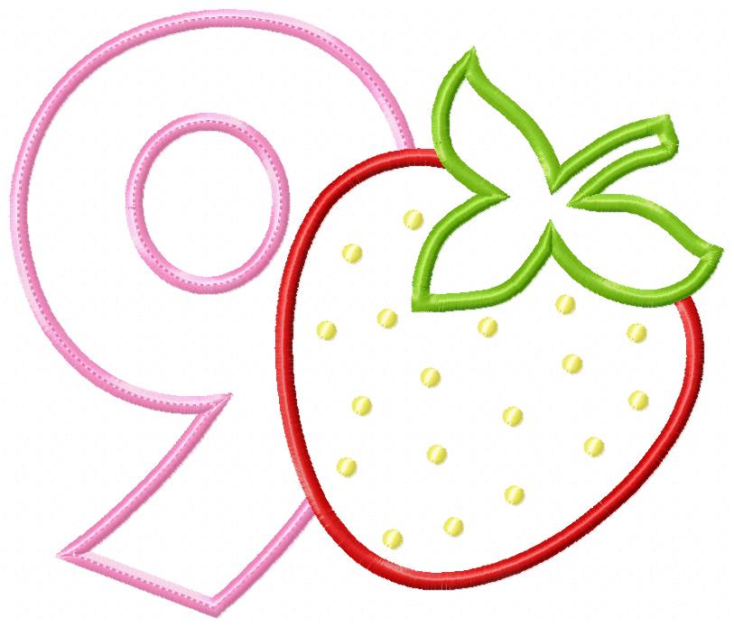 Strawberry Number 9 Nine 9th Birthday - Applique