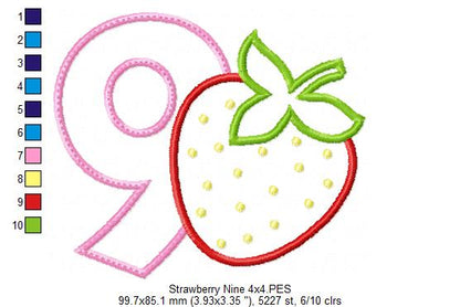 Strawberry Number 9 Nine 9th Birthday - Applique