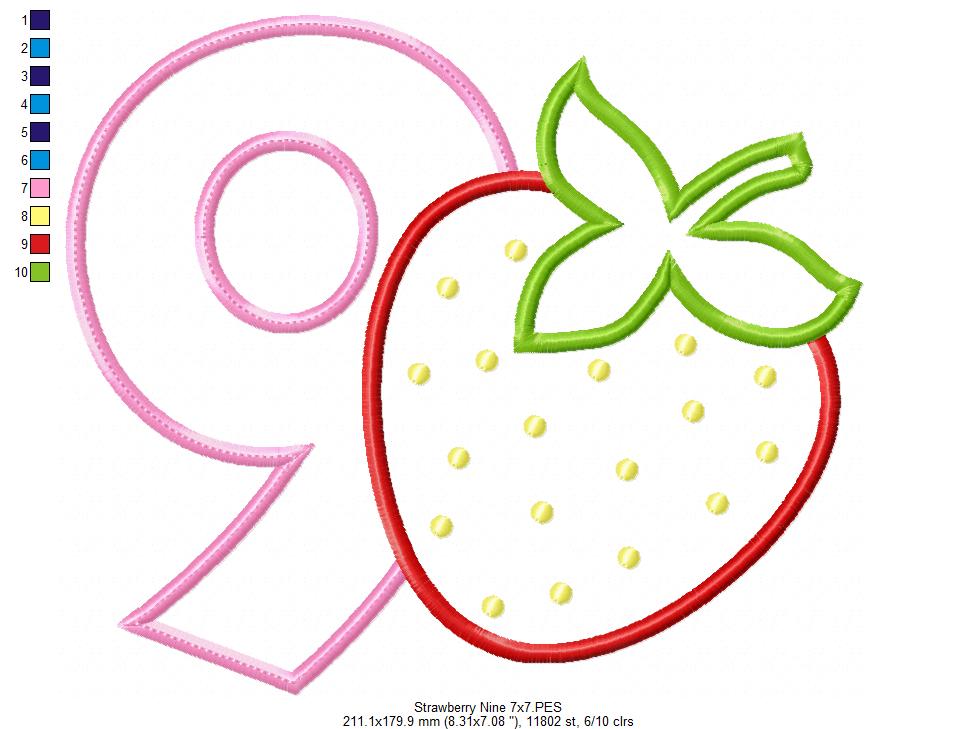 Strawberry Number 9 Nine 9th Birthday - Applique