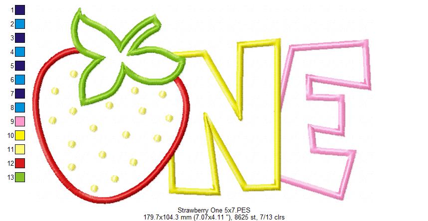 Strawberry Number 1 One 1st Birthday - Applique