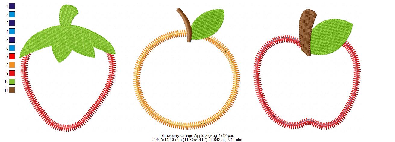 Cute Fruit Trio – Zigzag Appliqué – Machine Embroidery Design
