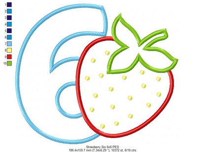Strawberry Number 6 Six 6th Birthday - Applique