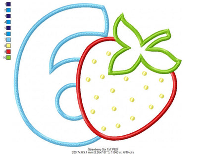Strawberry Number 6 Six 6th Birthday - Applique