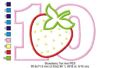 Strawberry Number Ten 10 Tenth Birthday - Applique