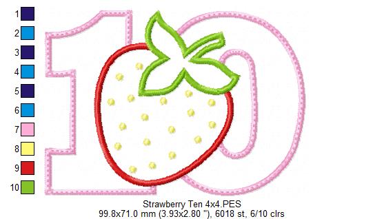 Strawberry Number Ten 10 Tenth Birthday - Applique