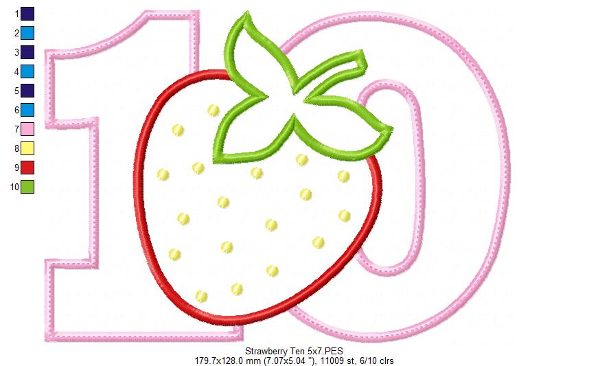 Strawberry Number Ten 10 Tenth Birthday - Applique