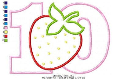 Strawberry Number Ten 10 Tenth Birthday - Applique