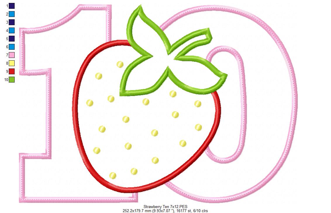 Strawberry Number Ten 10 Tenth Birthday - Applique
