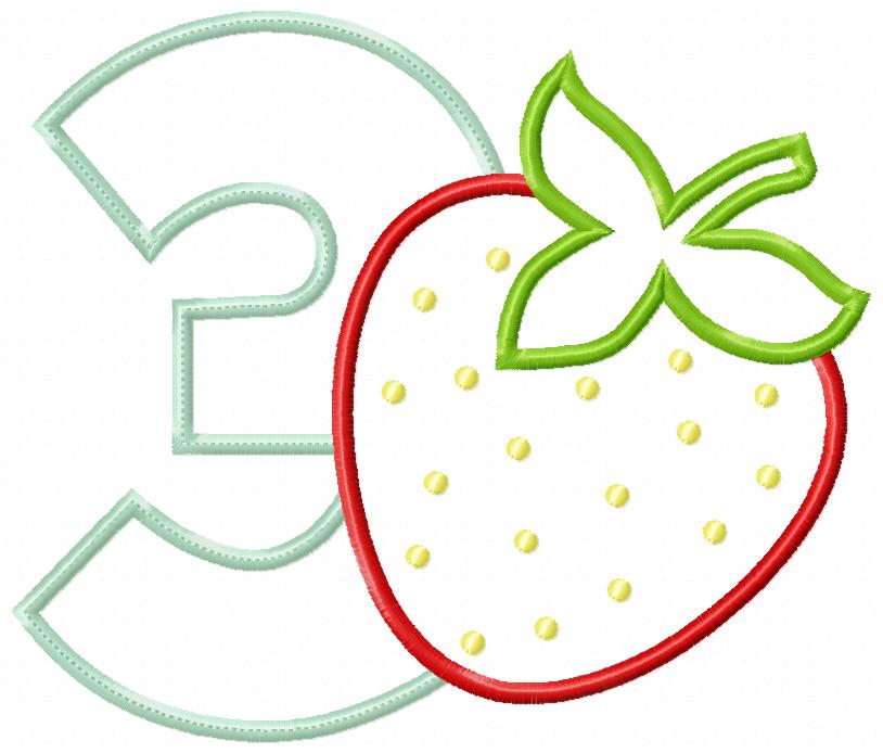 Strawberry Number 3 Three 3rd Birthday - Applique