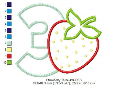 Strawberry Number 3 Three 3rd Birthday - Applique