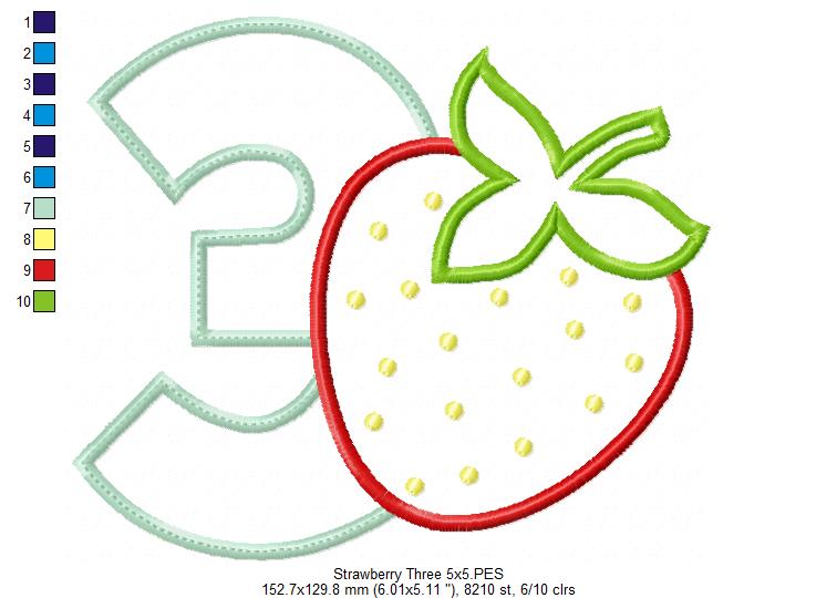 Strawberry Number 3 Three 3rd Birthday - Applique