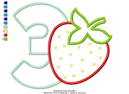 Strawberry Number 3 Three 3rd Birthday - Applique