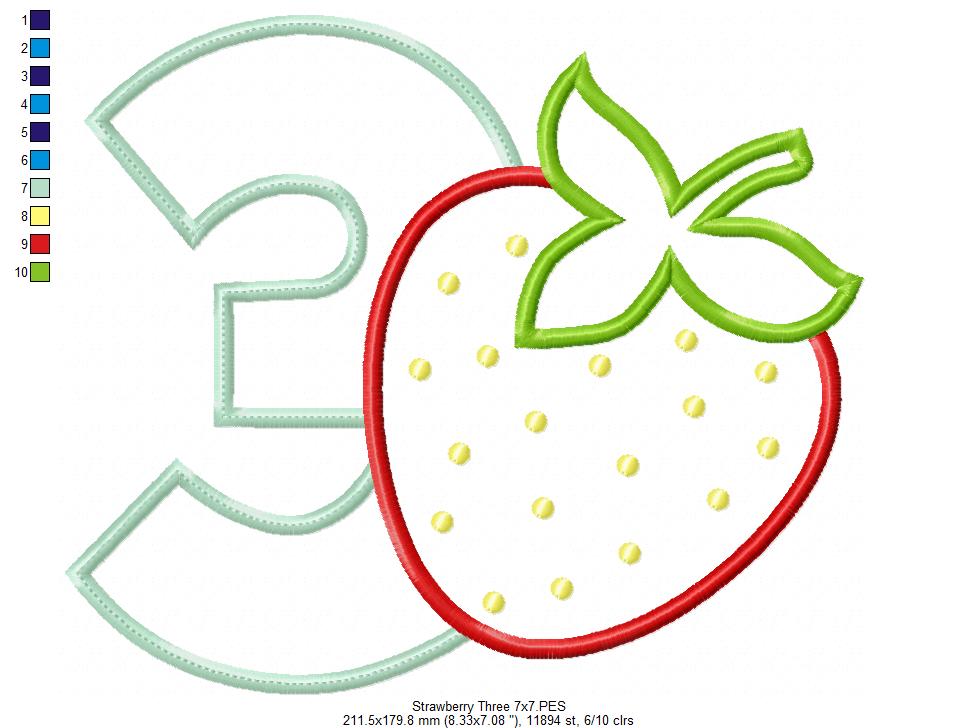 Strawberry Number 3 Three 3rd Birthday - Applique