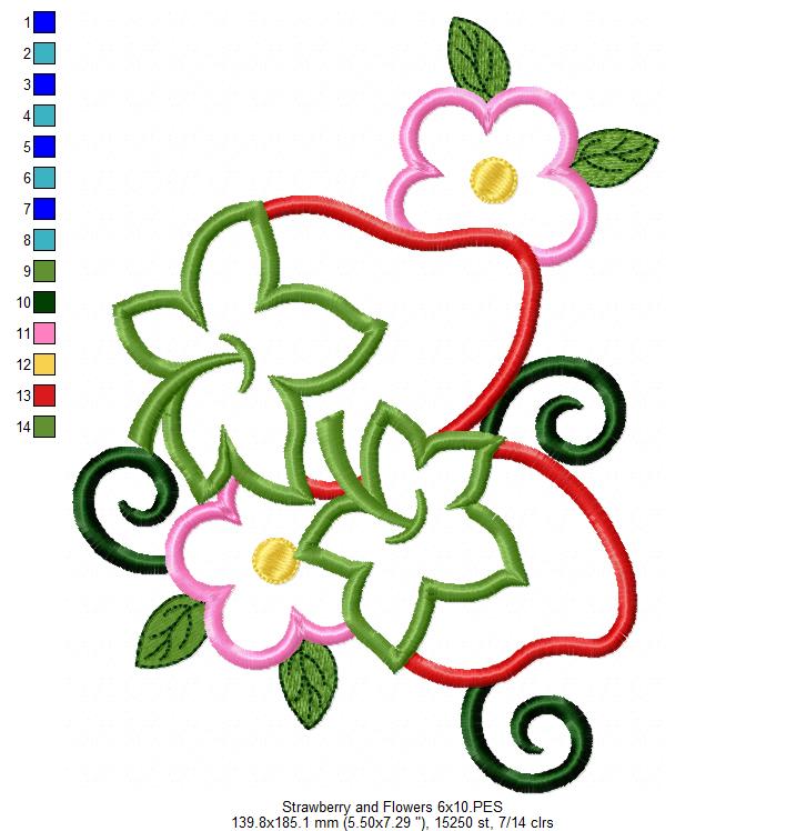 Strawberry and Flowers - Applique - Machine Embroidery Design