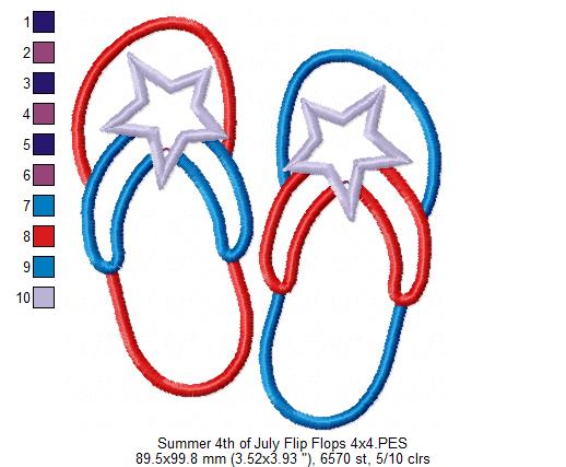 Summer 4th of July Flip Flops - Applique - Machine Embroidery Design
