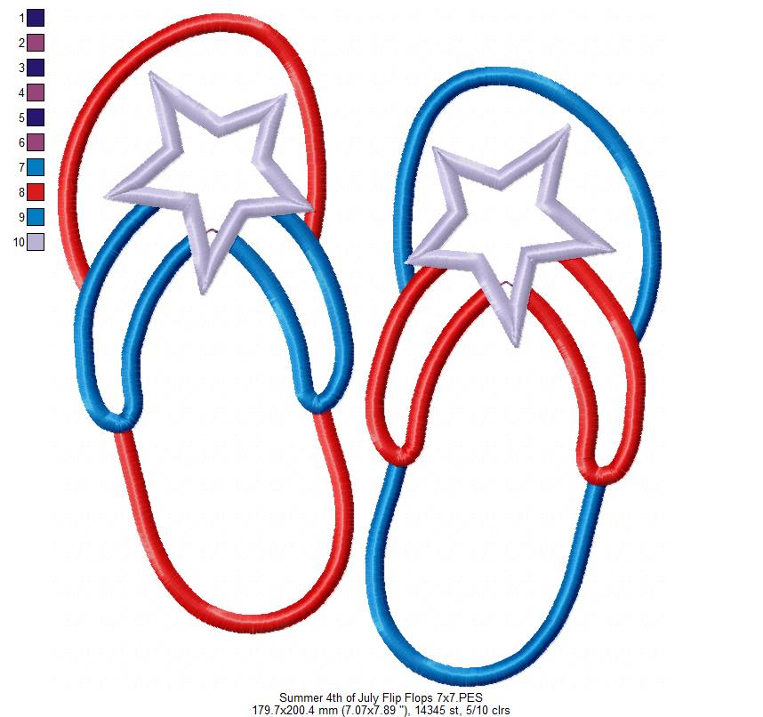Summer 4th of July Flip Flops - Applique - Machine Embroidery Design