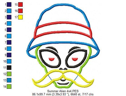 Summer Mustache Alien Wearing Bucket Hat - Applique