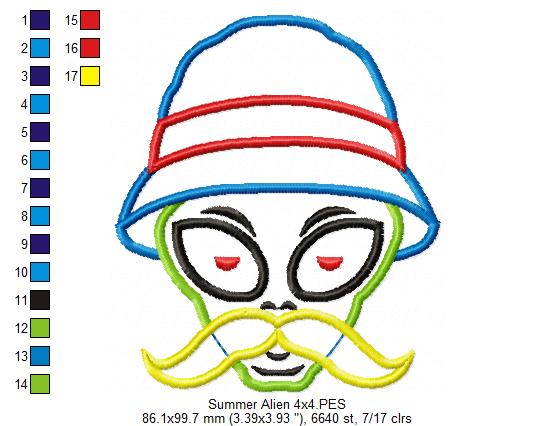 Summer Mustache Alien Wearing Bucket Hat - Applique