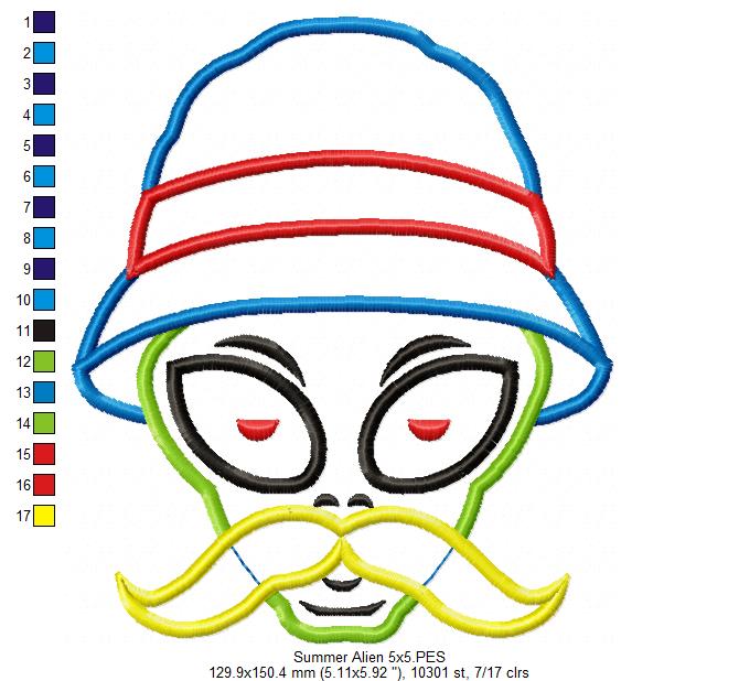 Summer Mustache Alien Wearing Bucket Hat - Applique