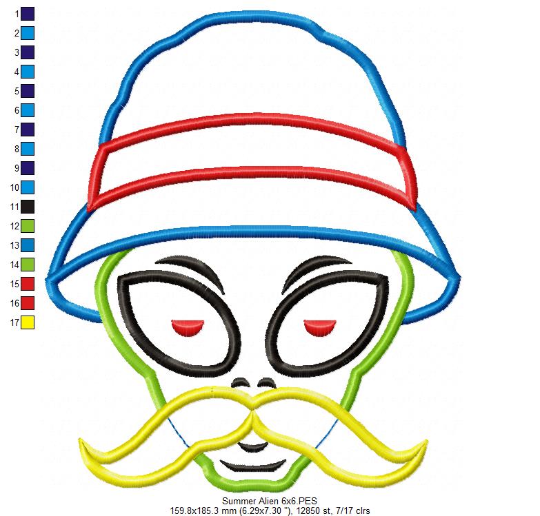 Summer Mustache Alien Wearing Bucket Hat - Applique