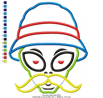 Summer Mustache Alien Wearing Bucket Hat - Applique