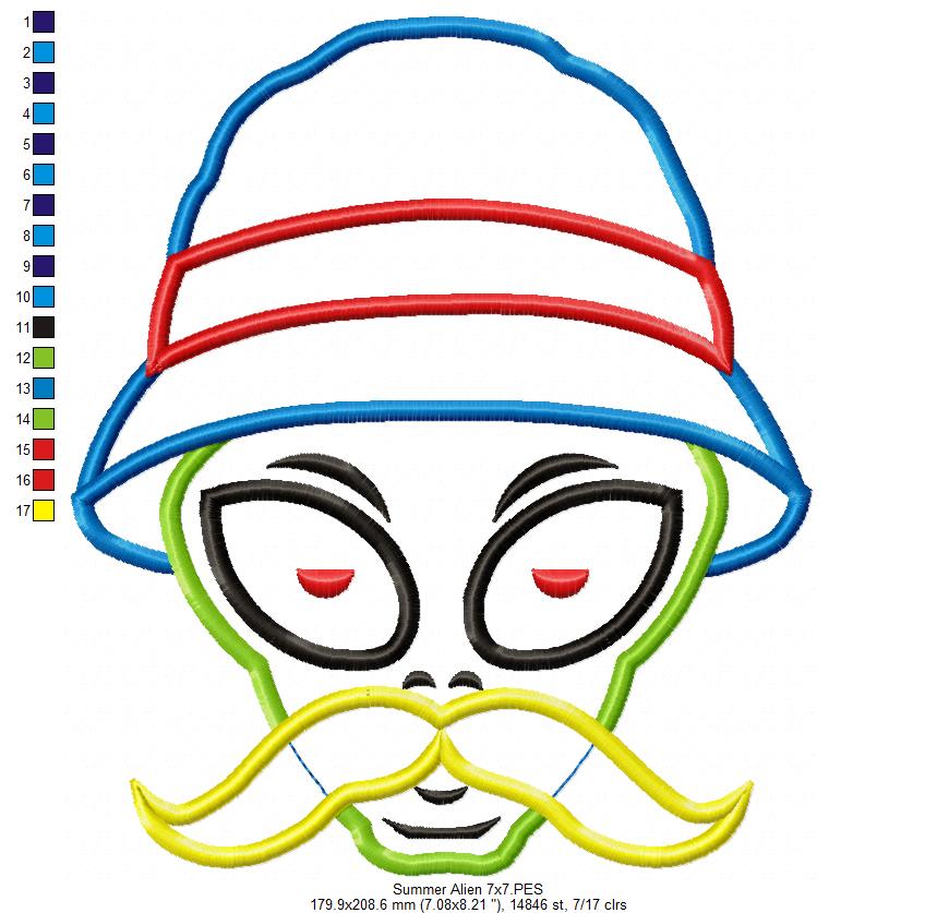 Summer Mustache Alien Wearing Bucket Hat - Applique