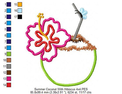 Summer Coconut with Hibiscus Flower - Applique